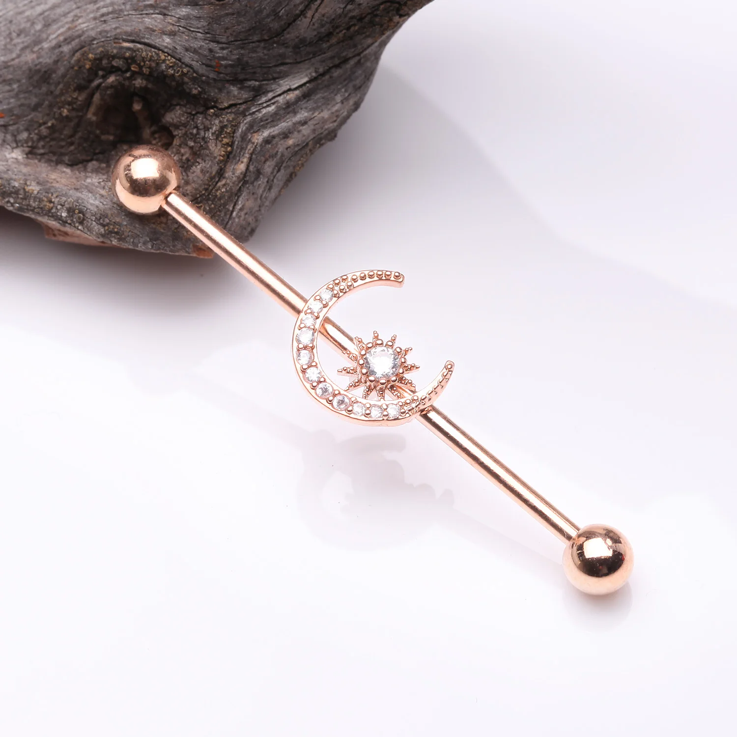 Rose Gold Sparkle Moon and Starburst Industrial Barbell - Image 2