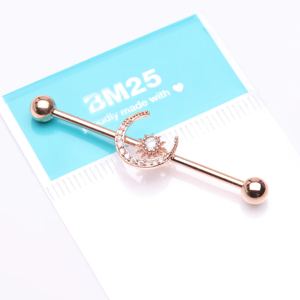 Rose Gold Sparkle Moon and Starburst Industrial Barbell - Image 3