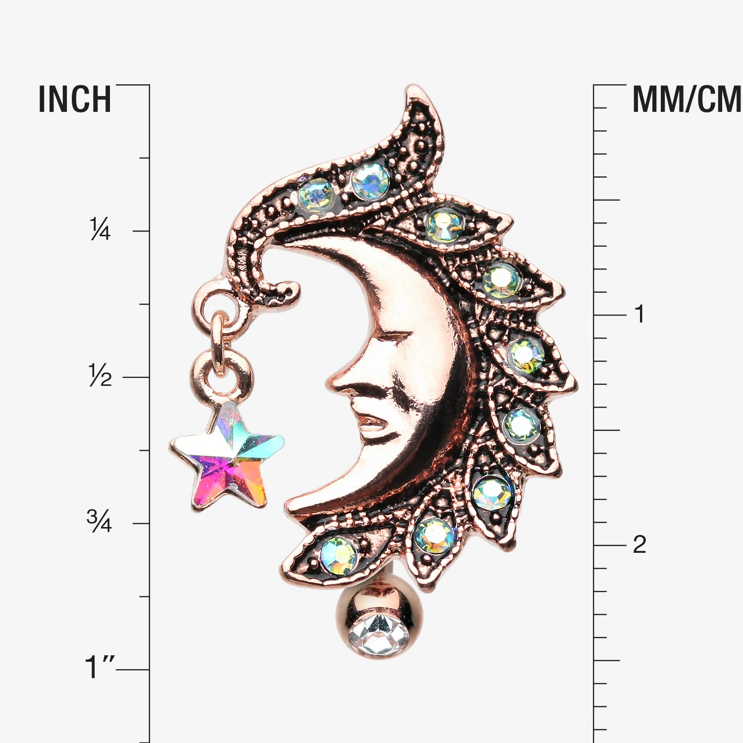 Rose Gold Sparkle Star Crescent Moon Reverse Belly Button Ring - Image 2