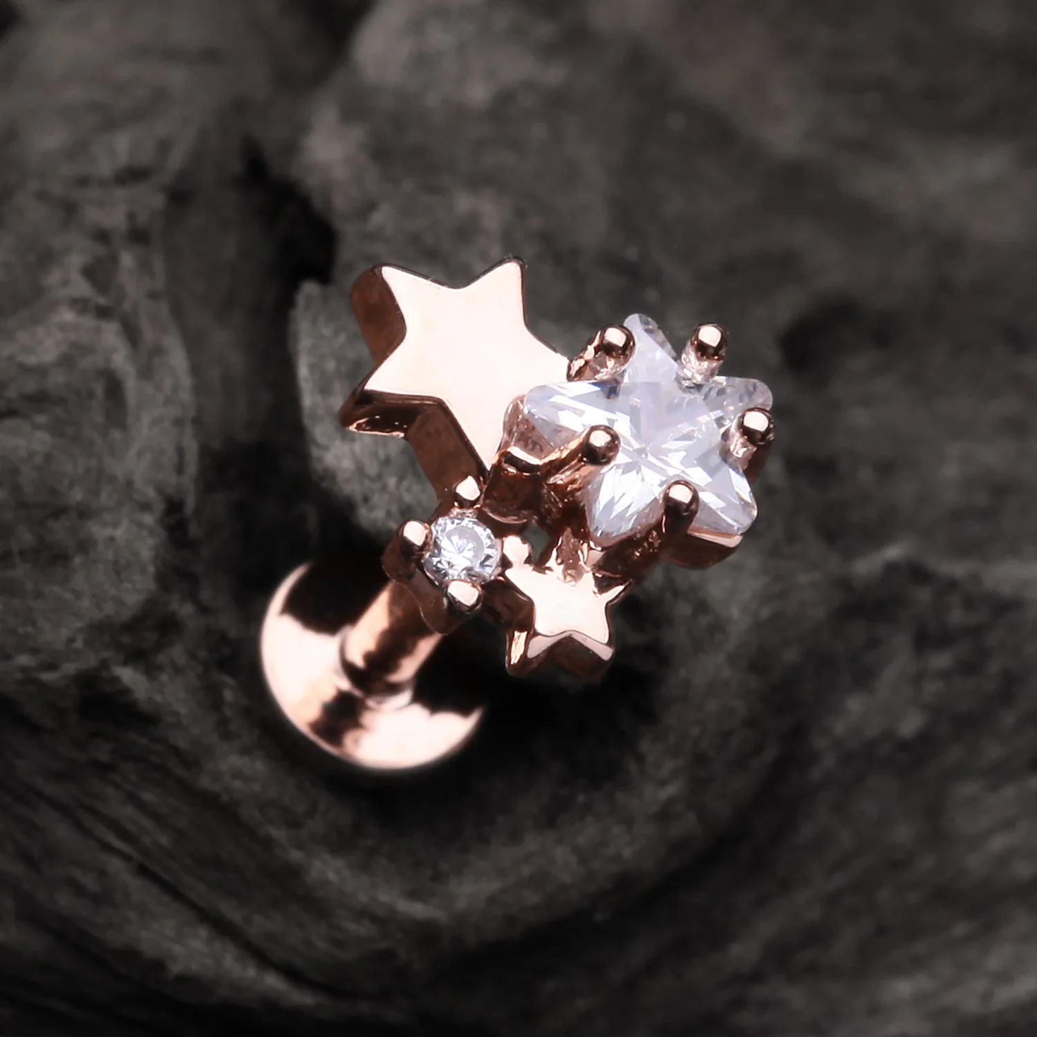 Rose Gold Sparkle Stars Top Internally Threaded Steel Labret - Image 2