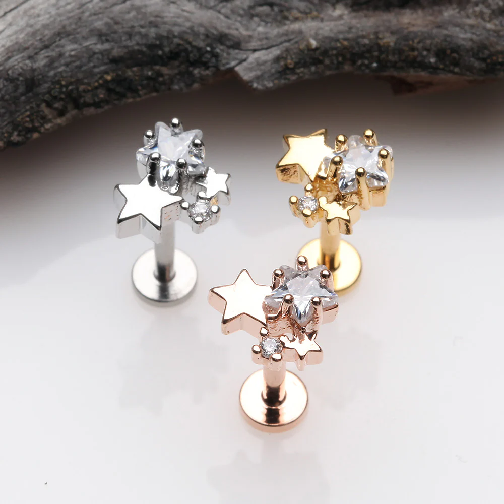 Rose Gold Sparkle Stars Top Internally Threaded Steel Labret - Image 3
