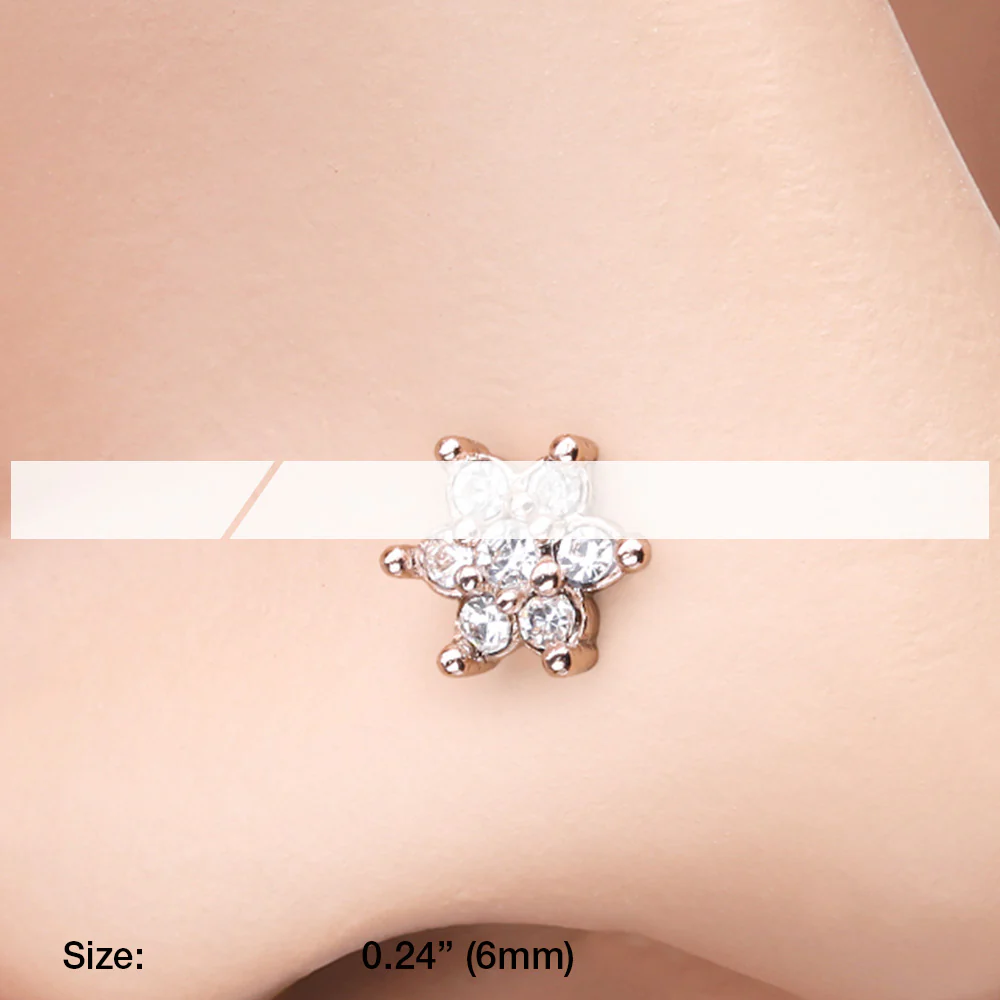 Rose Gold Spring Flower Sparkle Prong Set L-Shaped Nose Ring - Image 3