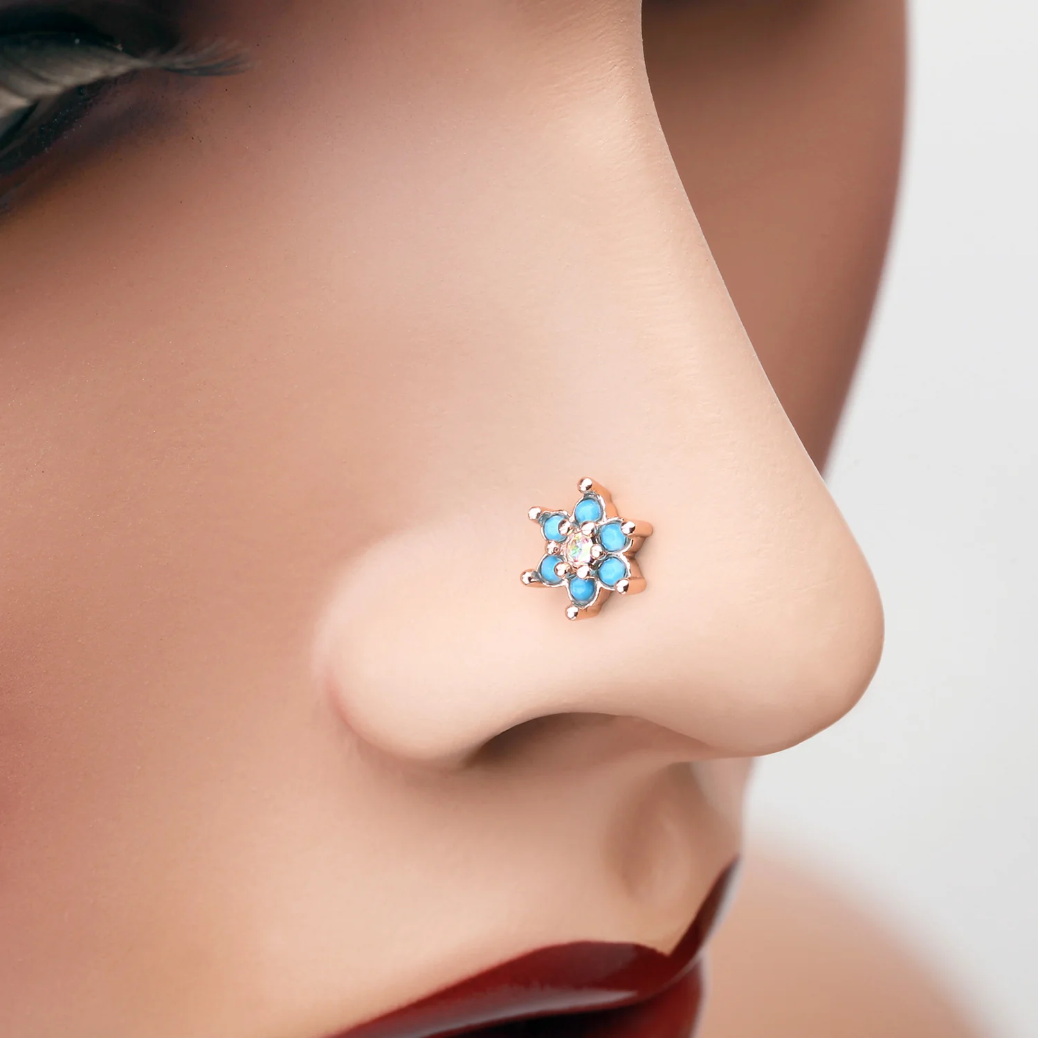 Rose Gold Spring Flower Turquoise Sparkle L-Shaped Nose Ring - Image 2