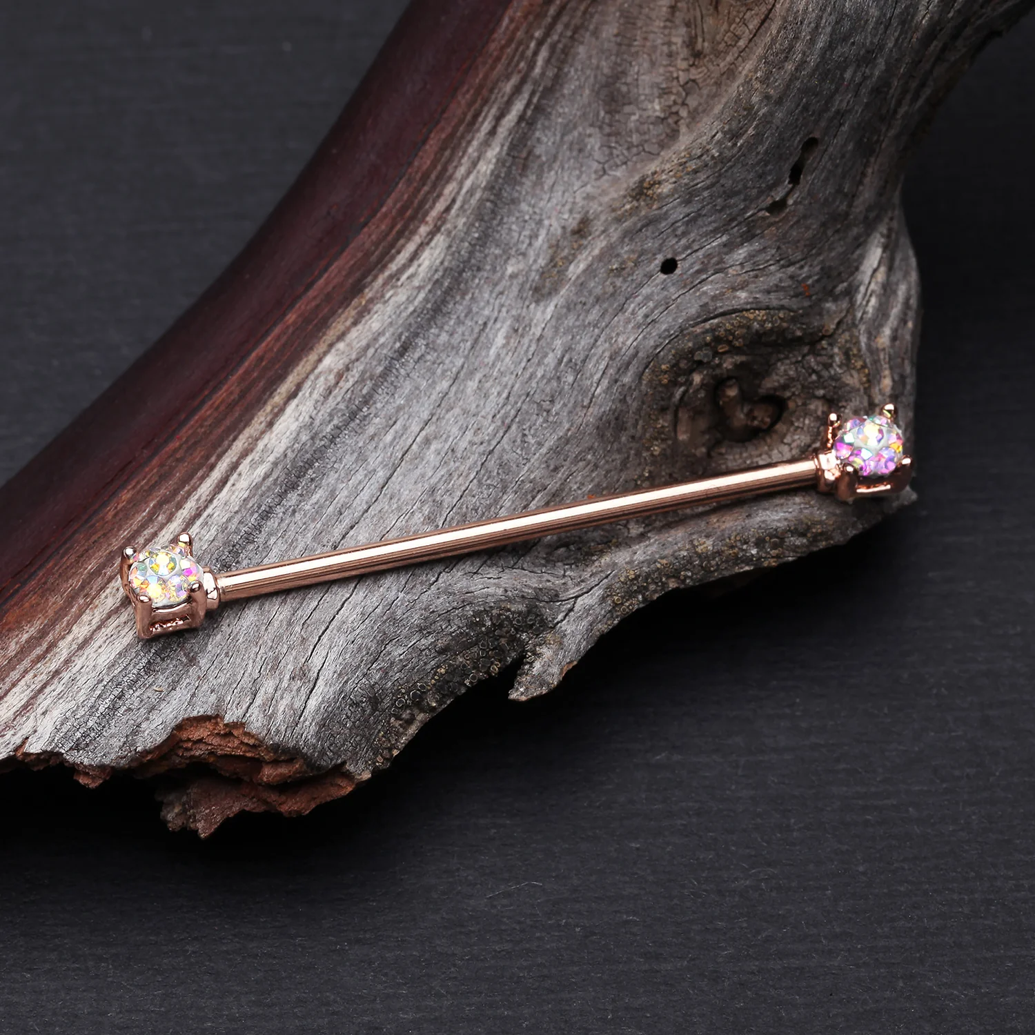 Rose Gold Sprinkle Dot Multi-Gem Sparkle Double Prong Industrial Barbell - Image 2