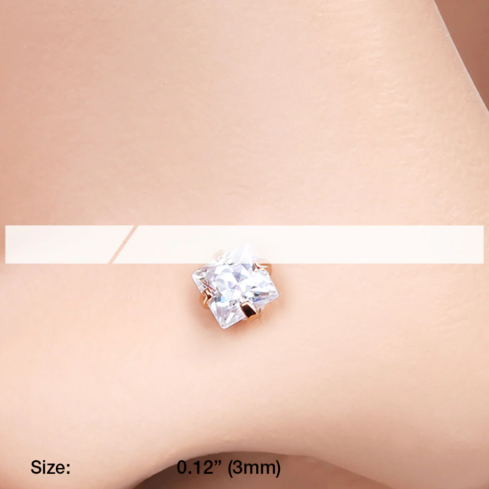 Rose Gold Square Prong Set Gem Top Nose Stud Ring - Image 3