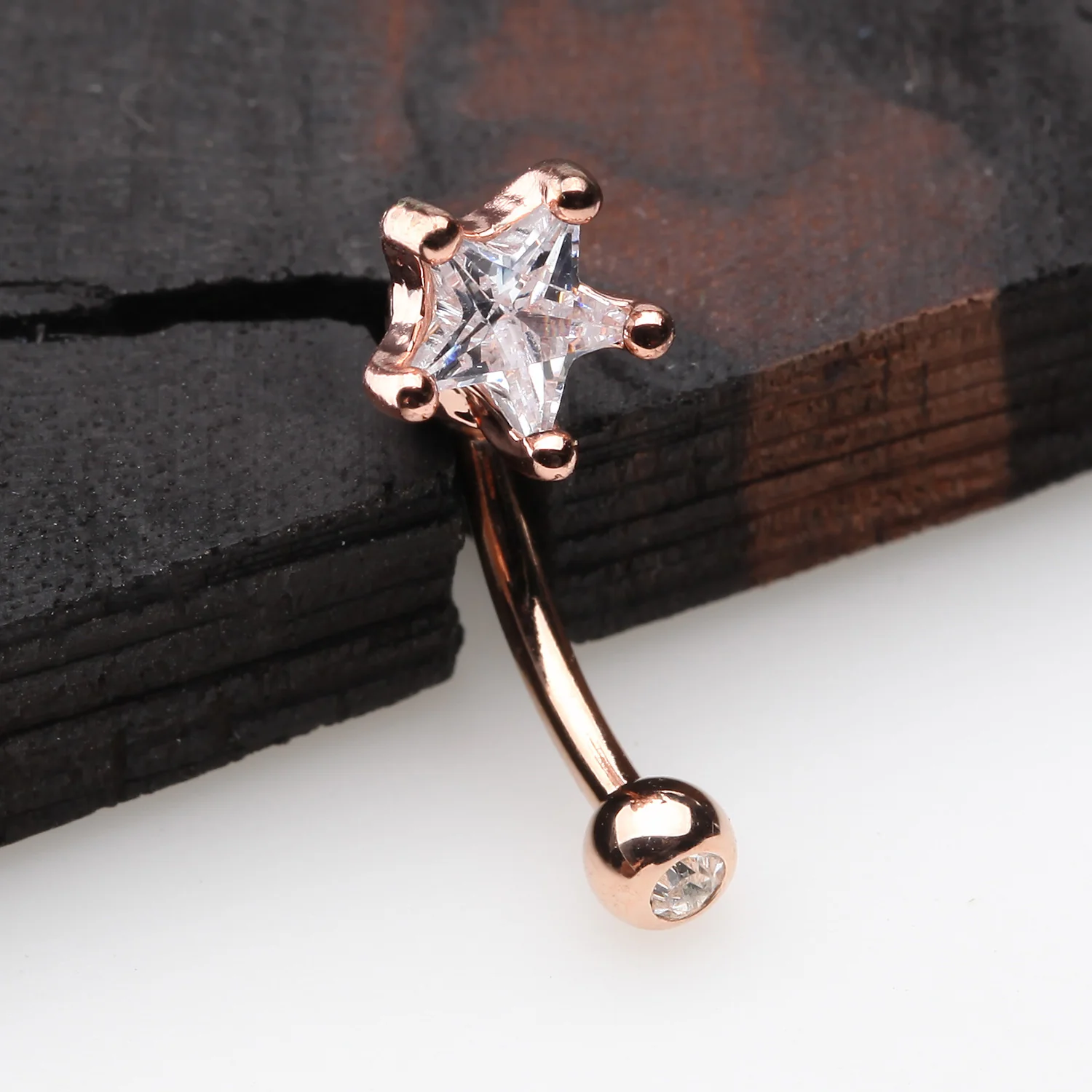 Rose Gold Star Gem Sparkle Prong Curved Barbell - Image 2