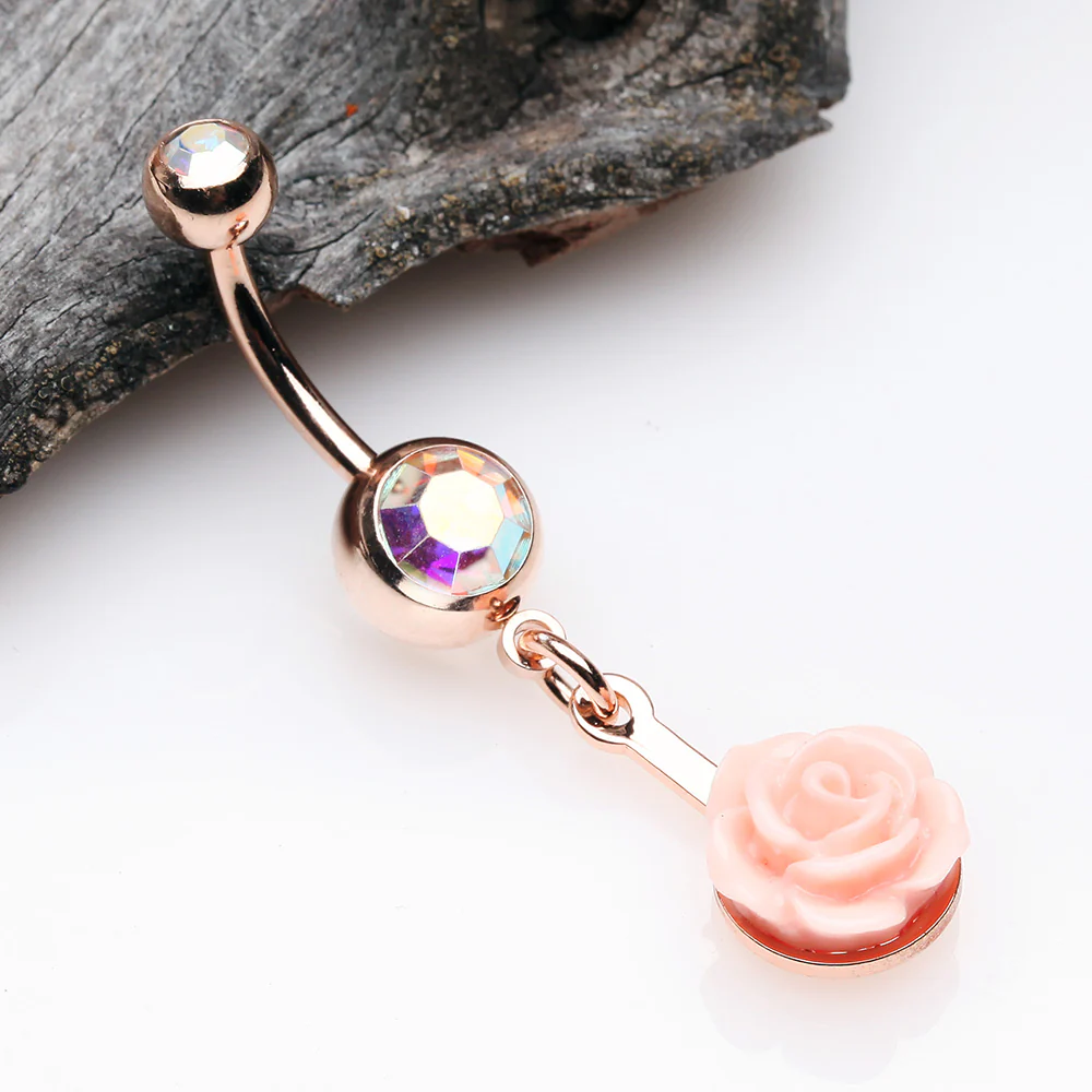 Rose Gold Sweet Pink Rose Blossom Belly Button Ring - Image 3