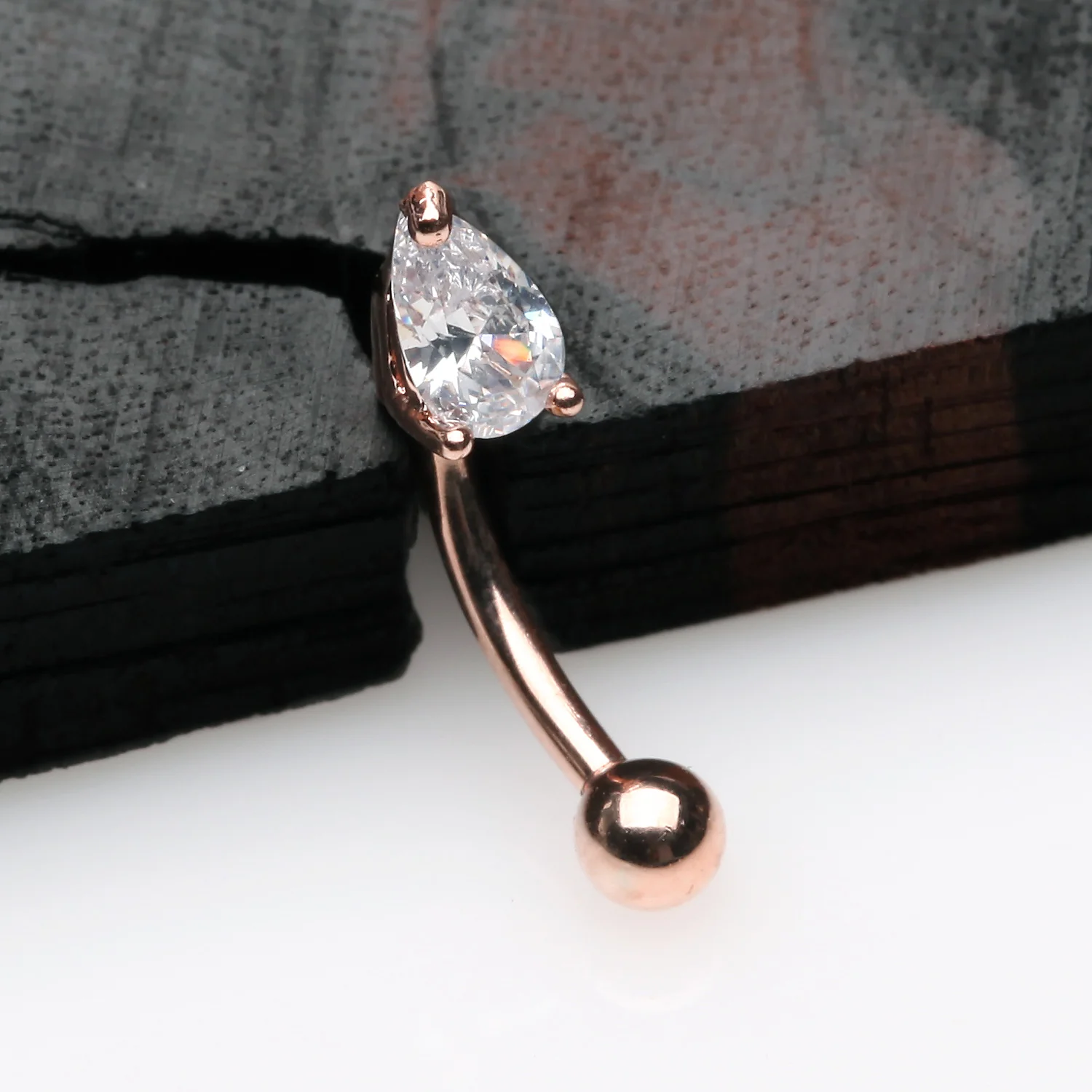 Rose Gold Teardrop Gem Sparkle Prong Set Curved Barbell - Image 2