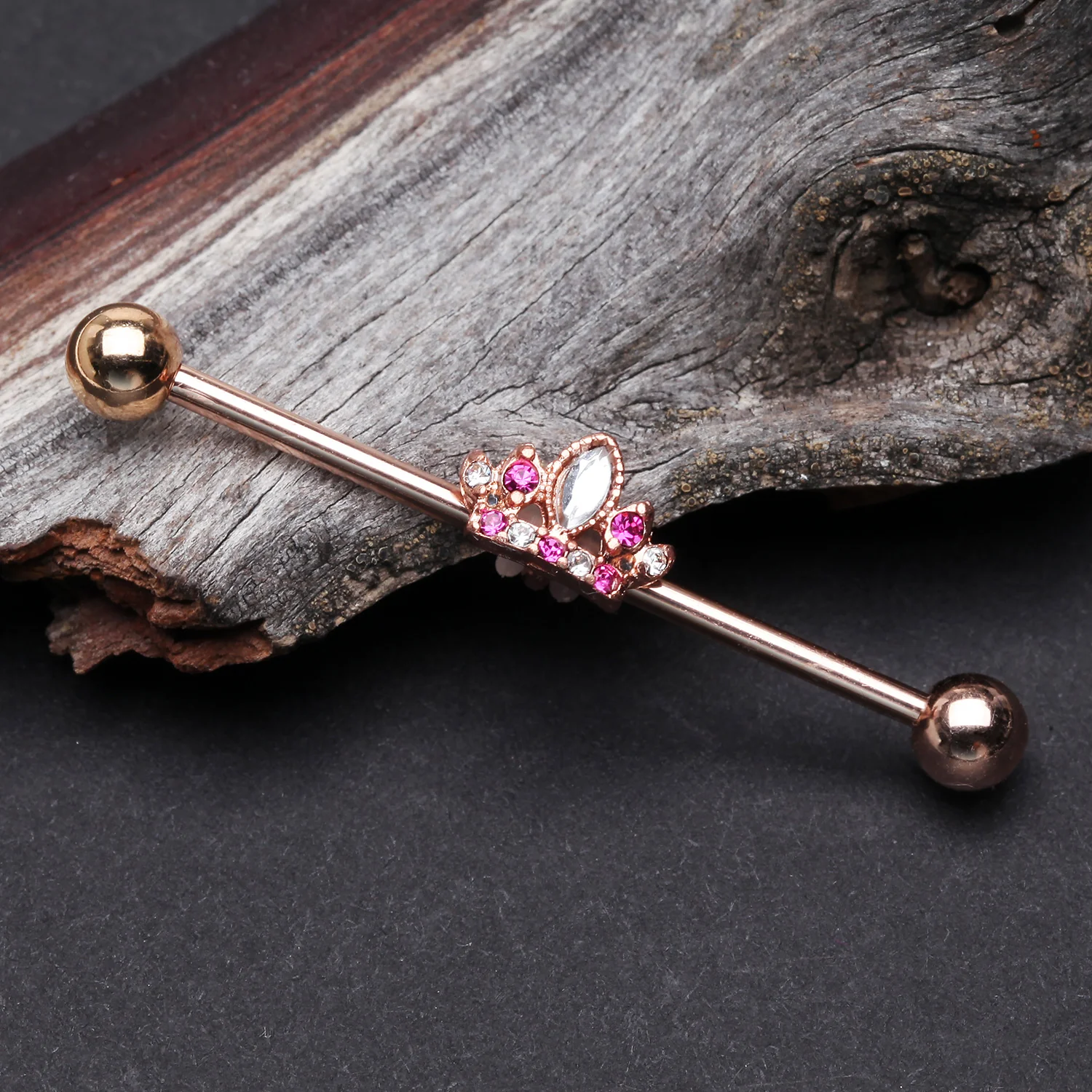 Rose Gold Tiara Crown Sparkle Industrial Barbell - Image 2