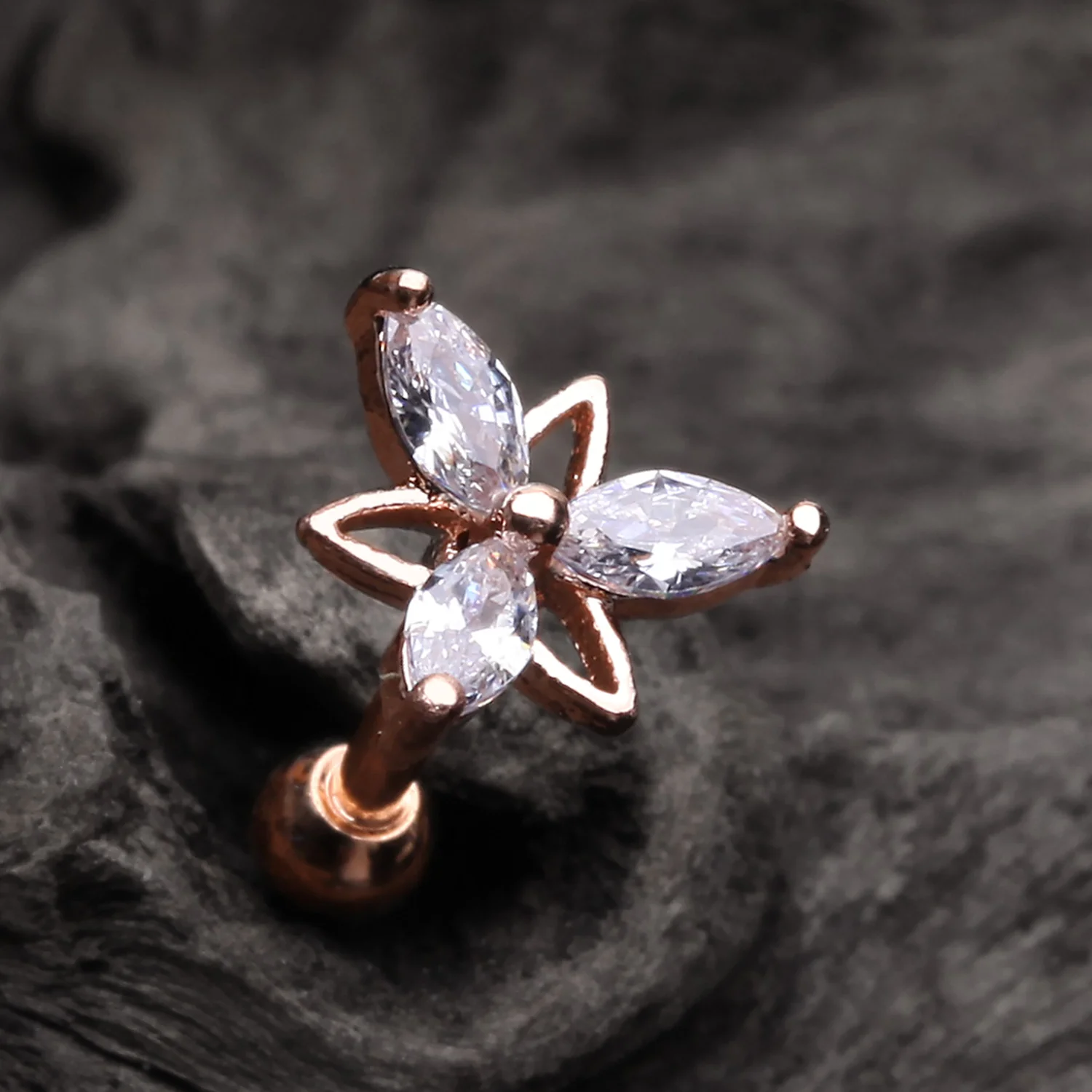 Rose Gold Tri-Marquise Floral Sparkle Cartilage Tragus Barbell Earring - Image 2