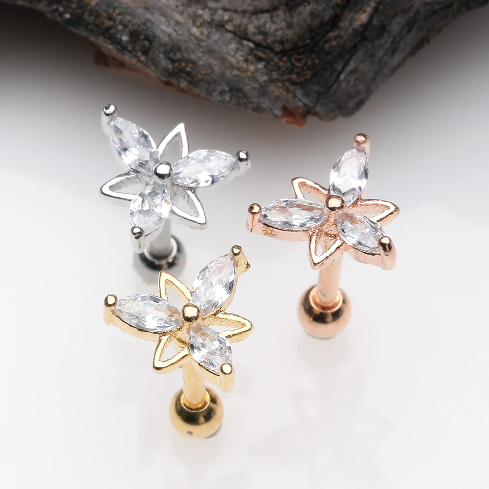 Rose Gold Tri-Marquise Floral Sparkle Cartilage Tragus Barbell Earring - Image 3
