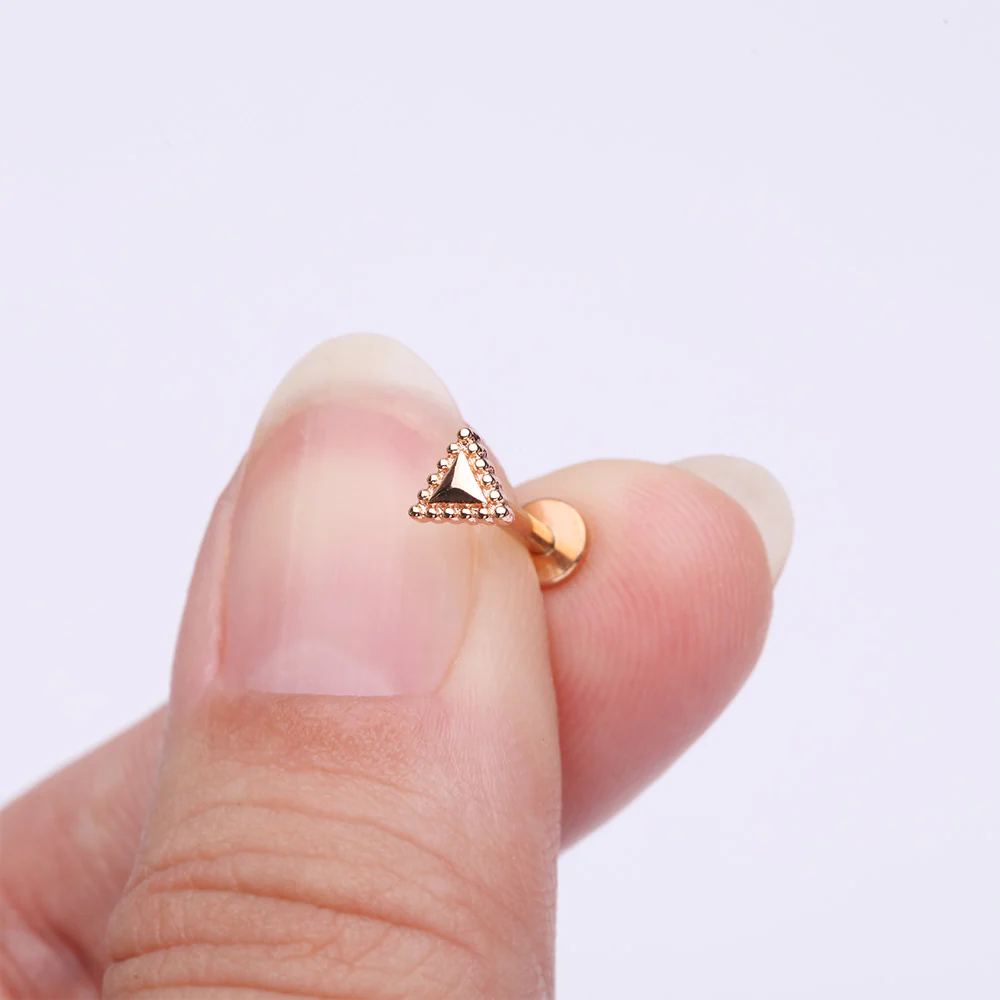 Rose Gold Triangle Beveled Beaded Edge Top Internally Threaded Steel Flat Back Stud Labret - Image 3