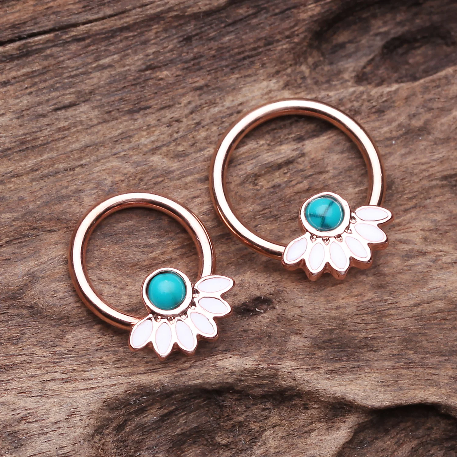Rose Gold Tribal Turquoise Floral Elegance Steel Captive Bead Ring - Image 2