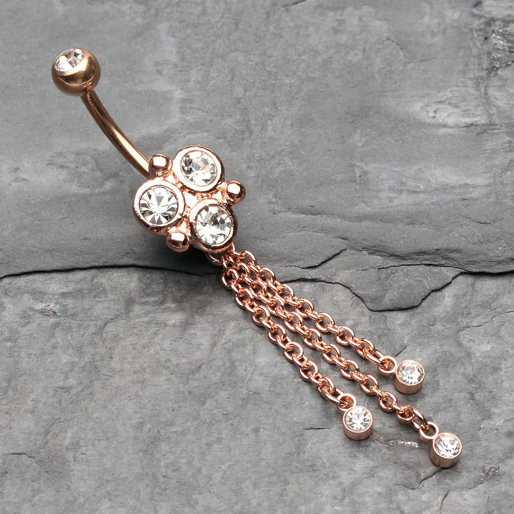 Rose Gold Trinity Sparkle Dangle Belly Button Ring - Image 3
