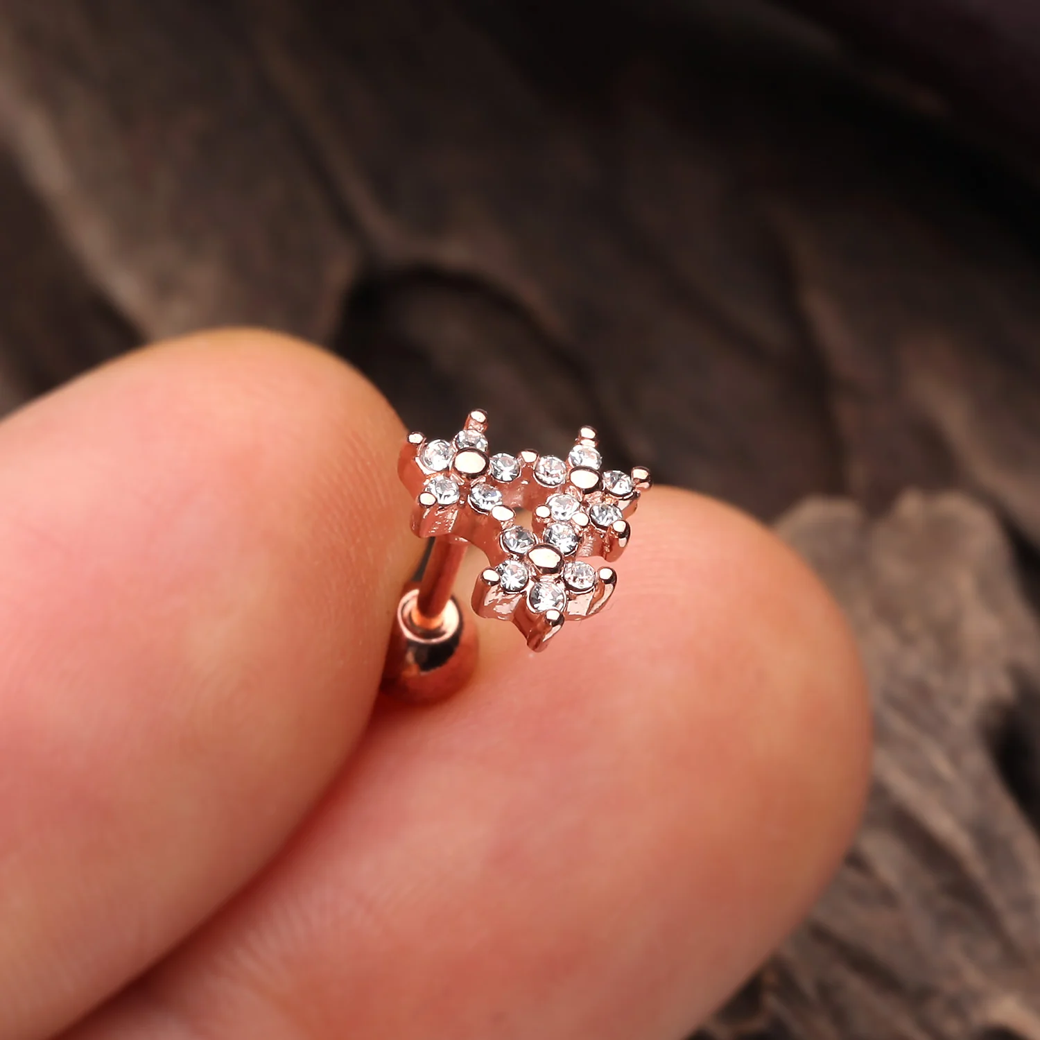 Rose Gold Triple Flower Sparkle Cartilage Tragus Earring - Image 2