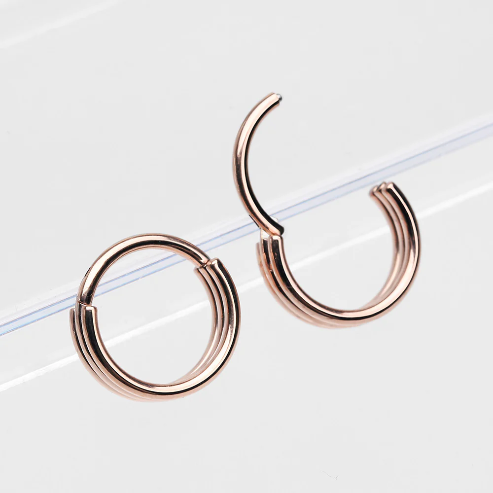 Rose Gold Triple Stack Hinged Steel Segment Clicker Ring - Image 3