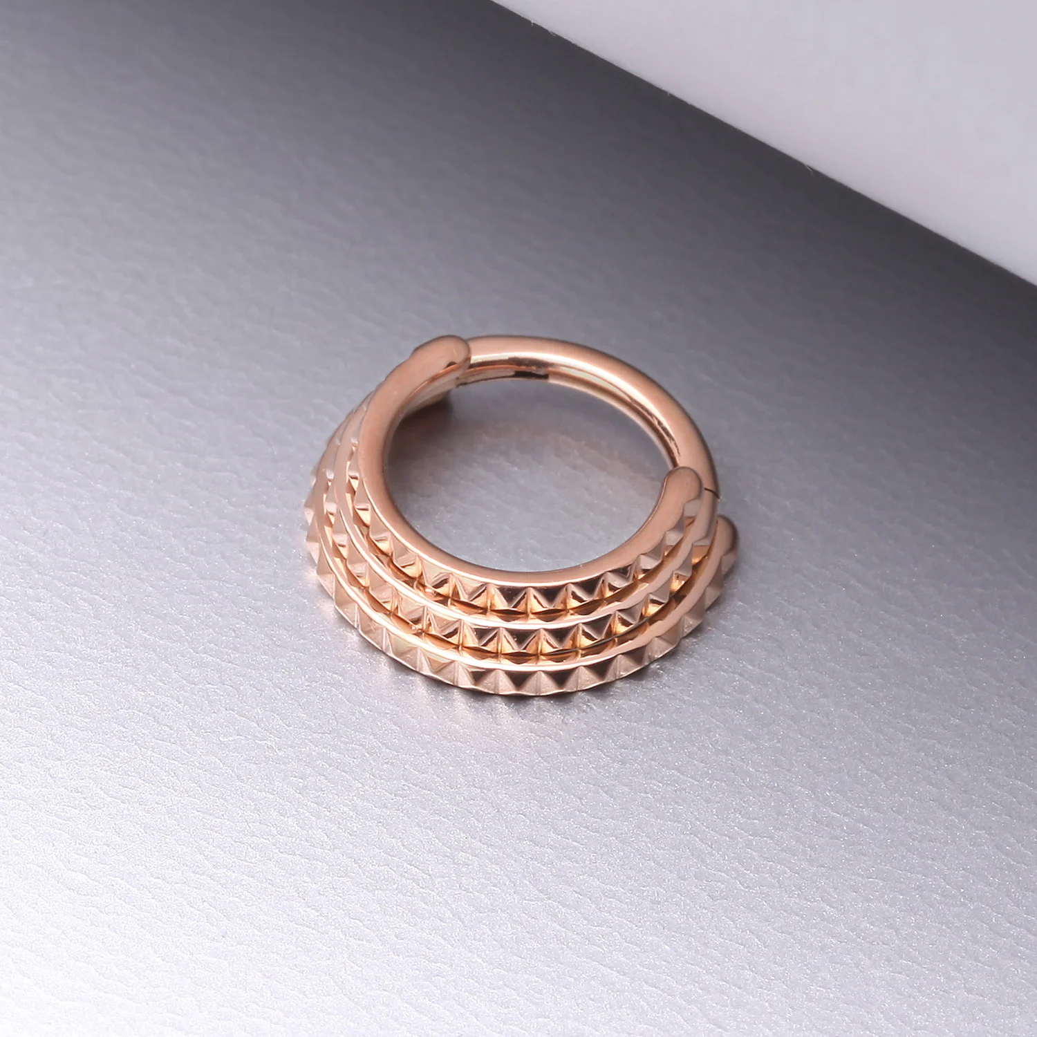 Rose Gold Triple Stacked Pyramid Studded Geometric Seamless Clicker Hoop Ring - Image 2