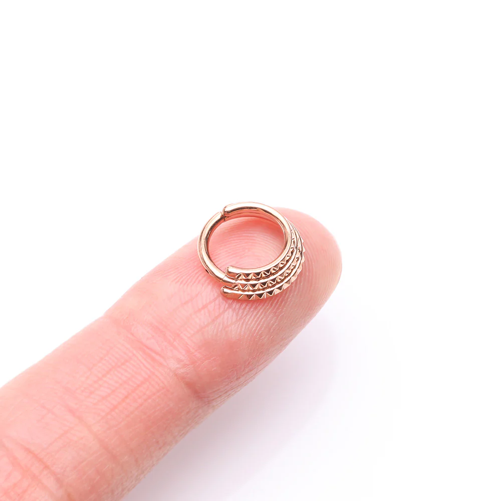 Rose Gold Triple Stacked Pyramid Studded Geometric Seamless Clicker Hoop Ring - Image 3