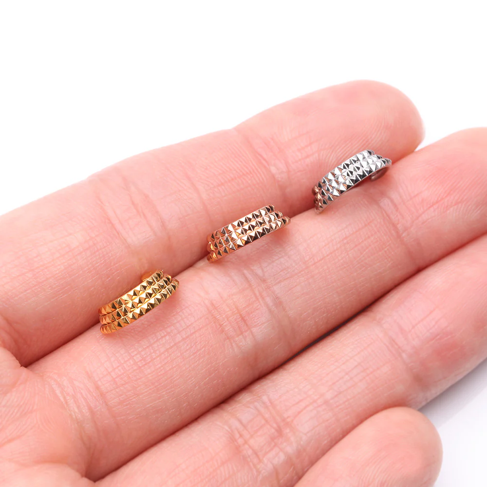 Rose Gold Triple Stacked Pyramid Studded Geometric Seamless Clicker Hoop Ring - Image 4