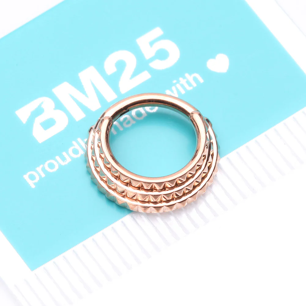 Rose Gold Triple Stacked Pyramid Studded Geometric Seamless Clicker Hoop Ring - Image 5