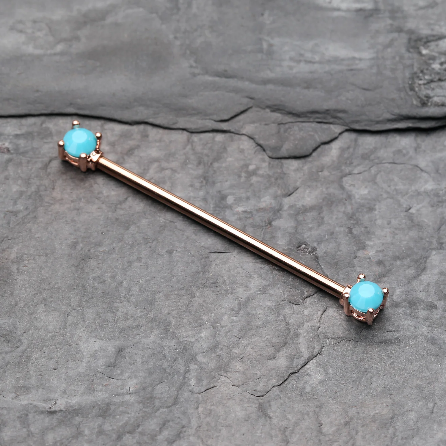 Rose Gold Turquoise Bead Prong Industrial Barbell - Image 2