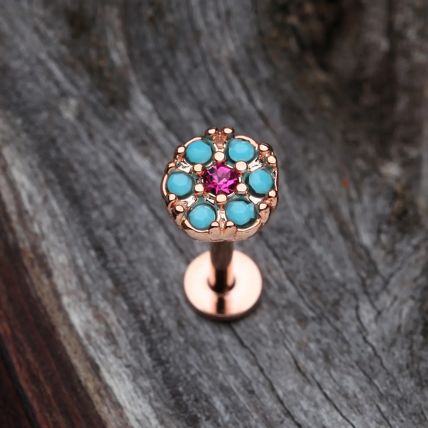 Rose Gold Turquoise Boho Circle Sparkle Top Steel Labret - Image 2