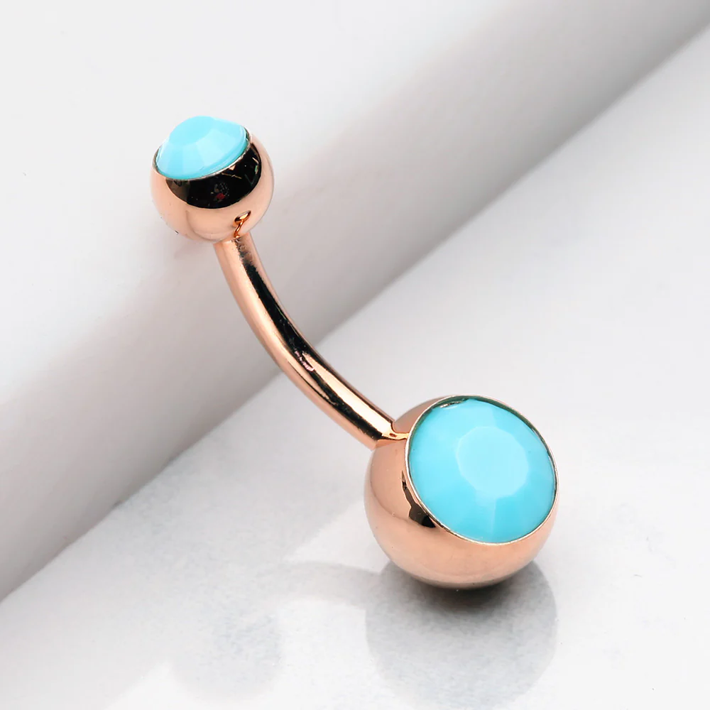 Rose Gold Turquoise Double Gem Ball Steel Belly Button Ring - Image 3