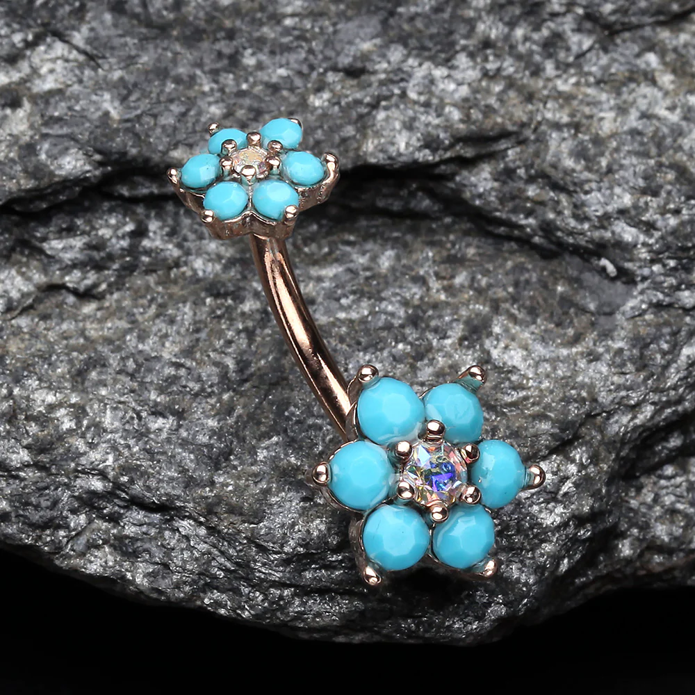 Rose Gold Turquoise Flower Sparkle Prong Set Belly Button Ring - Image 3