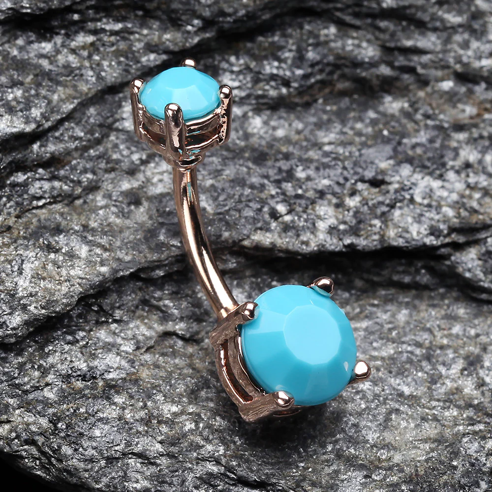 Rose Gold Turquoise Shine Prong Set Belly Button Ring - Image 3
