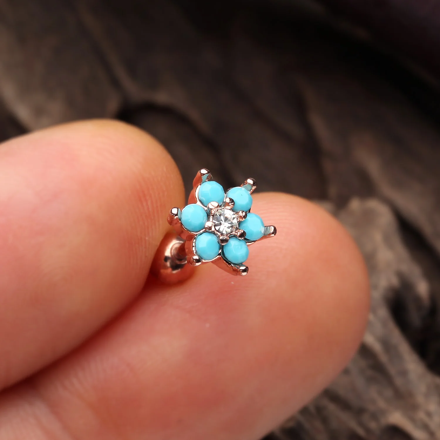 Rose Gold Turquoise Spring Flower Sparkle Cartilage Tragus Earring - Image 2