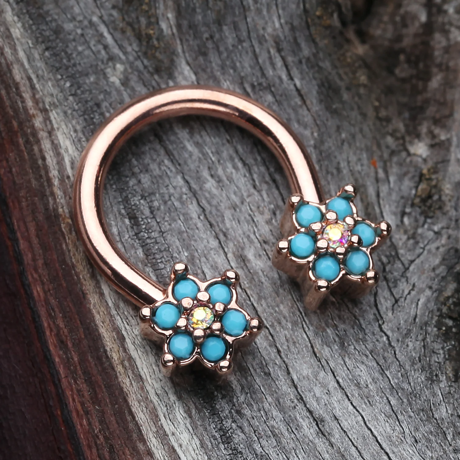 Rose Gold Turquoise Spring Flower Sparkle Horseshoe Circular Barbell - Image 2