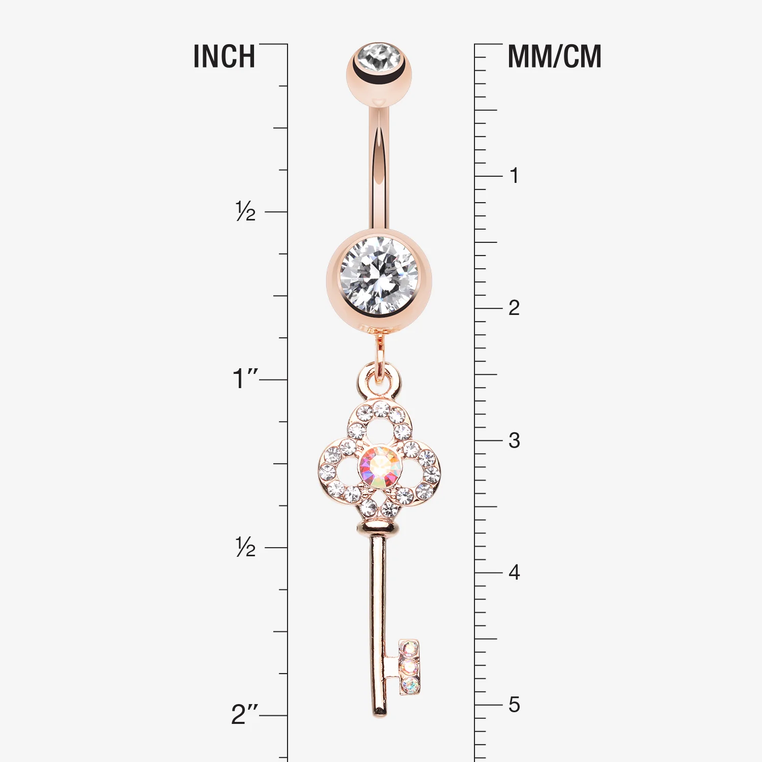 Rose Gold Victorian Skeleton Key Sparkle Belly Button Ring - Image 2