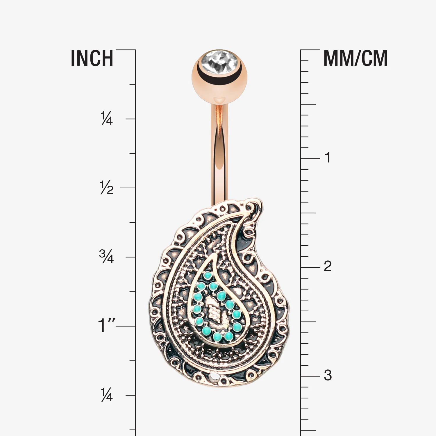 Rose Gold Vintage Boho Paisley Turquoise Belly Button Ring - Image 2