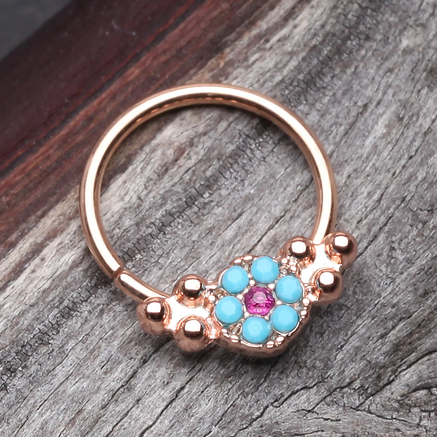 Rose Gold Vintage Boho Turquoise Floral Sparkle Twist Hoop Ring - Image 2