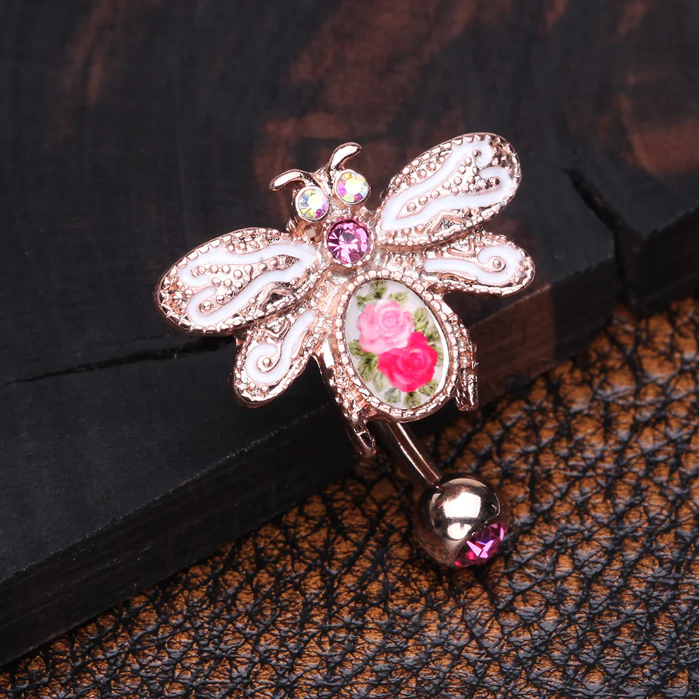 Rose Gold Vintage Floral Wasp Reverse Belly Button Ring - Image 3
