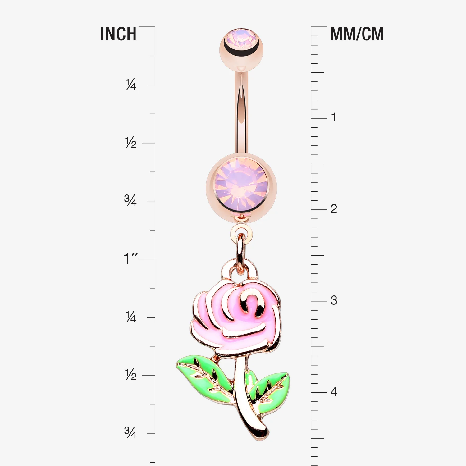 Rose Gold Vintage Pink Rose Flower Sparkle Belly Button Ring - Image 2