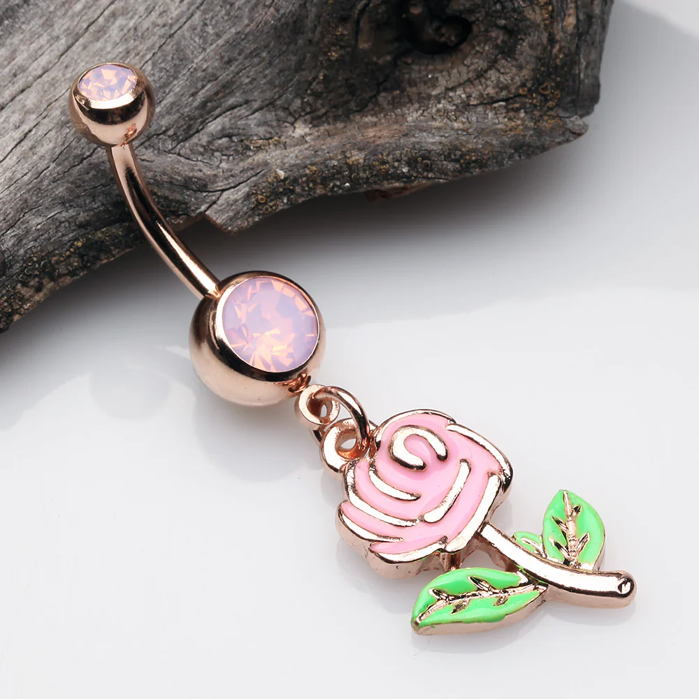 Rose Gold Vintage Pink Rose Flower Sparkle Belly Button Ring - Image 3