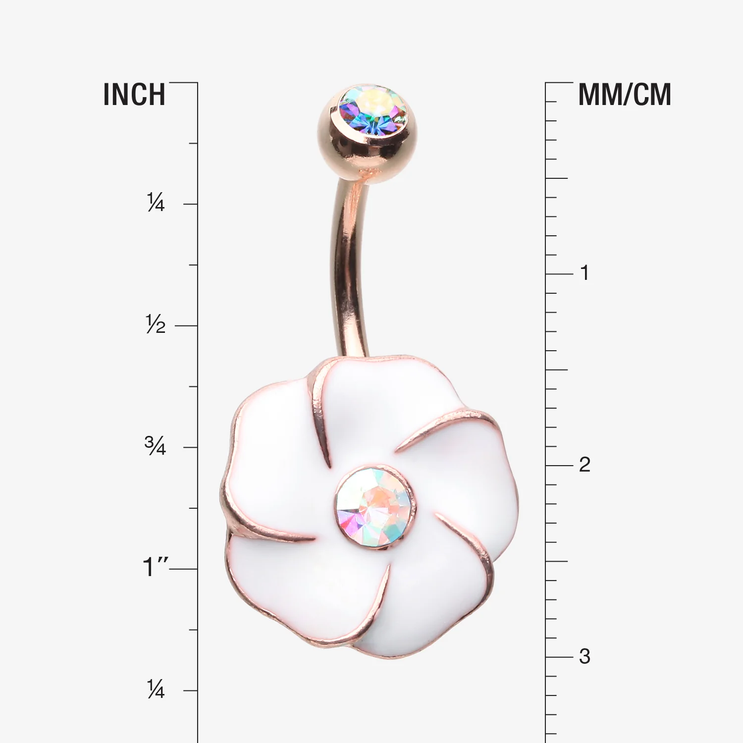 Rose Gold White Hibiscus Flower Sparkle Belly Button Ring - Image 2