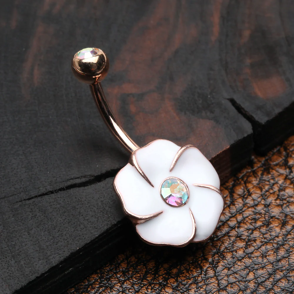 Rose Gold White Hibiscus Flower Sparkle Belly Button Ring - Image 3