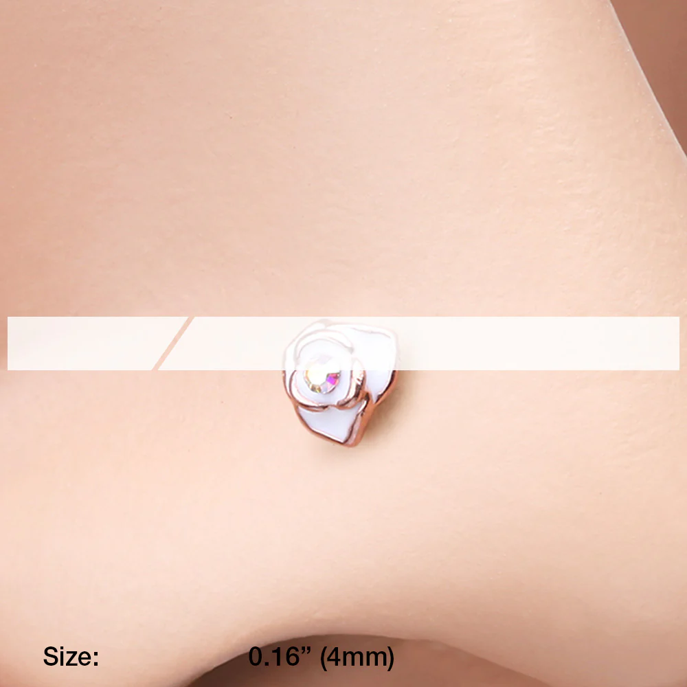 Rose Gold White Rose Blossom Sparkle L-Shaped Nose Ring - Image 3
