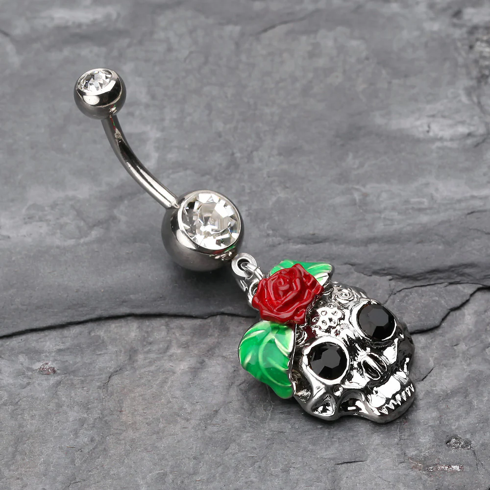 Rose Ornate Sugar Skull Belly Button Ring - Image 3