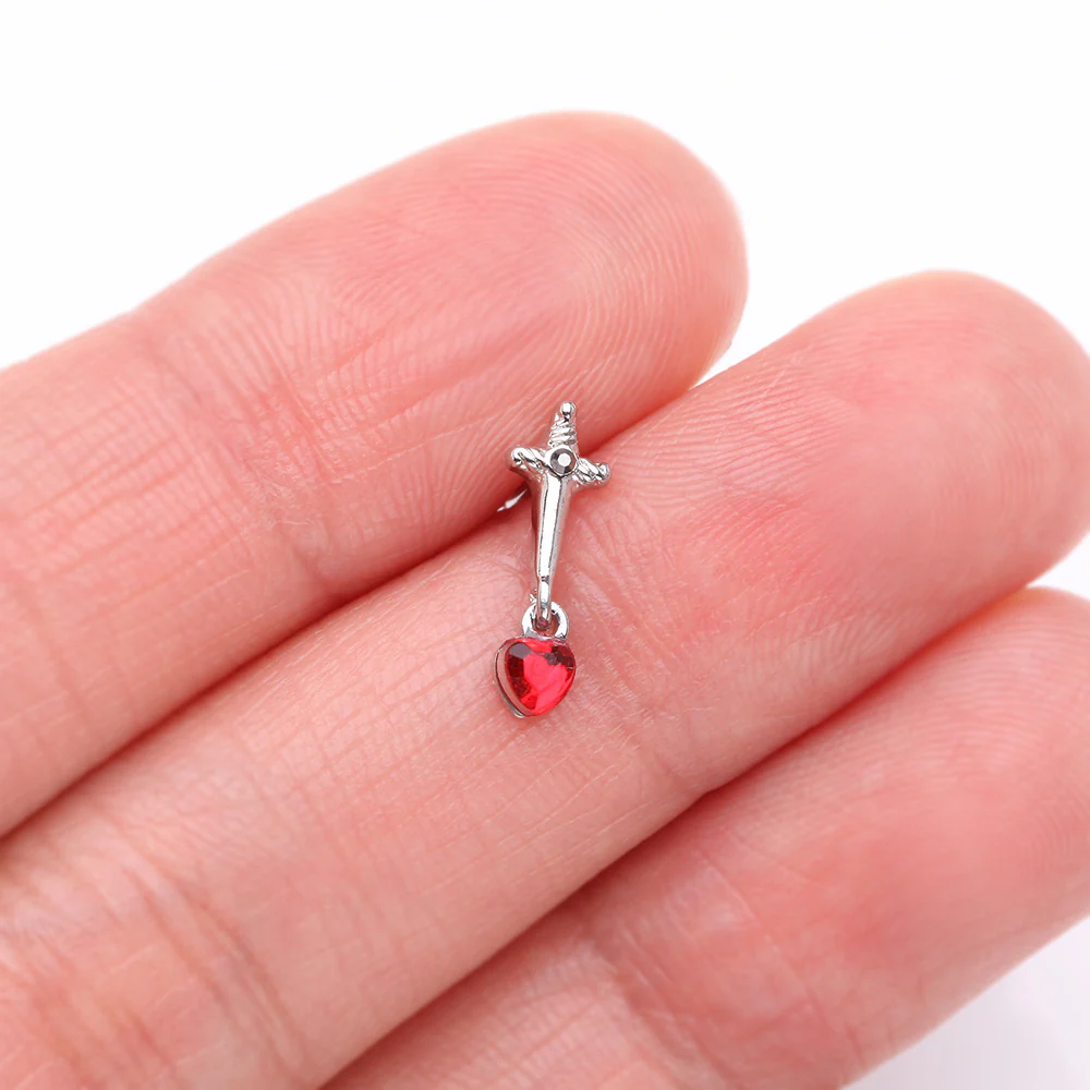 Royal Dagger Blood Red Heart Gem Dangle Nose Stud Ring - Image 3
