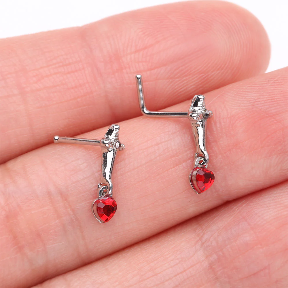 Royal Dagger Blood Red Heart Gem Dangle Nose Stud Ring - Image 4