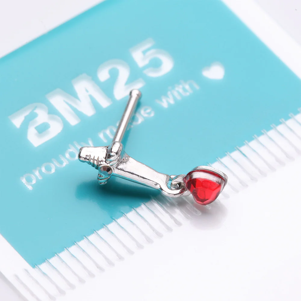 Royal Dagger Blood Red Heart Gem Dangle Nose Stud Ring - Image 5