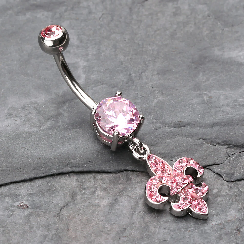Royal Fleur De Lis Multi-Gem Sparkle Dangle Belly Button Ring - Image 3