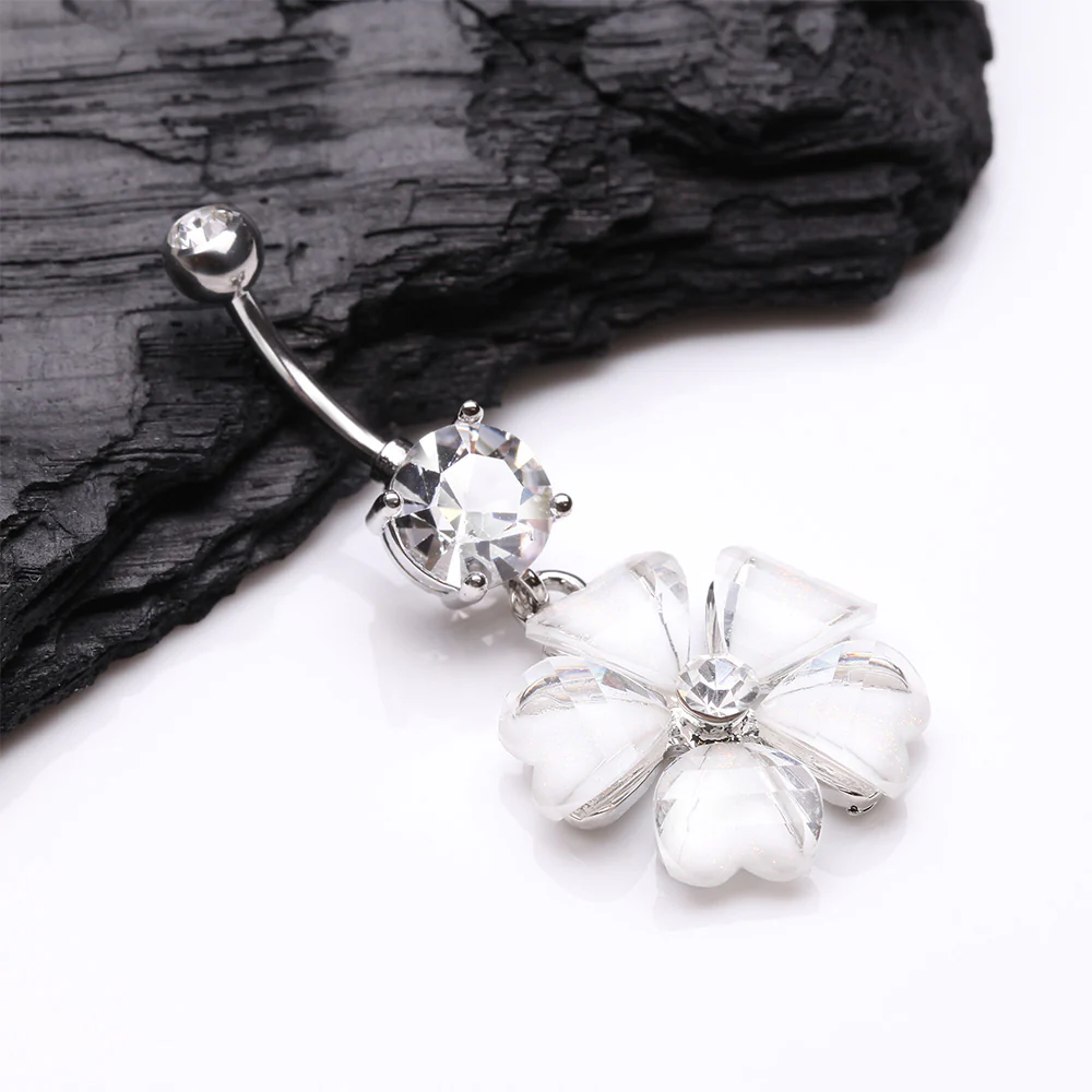 Shimmering Flower Heart Petal Sparkle Dangle Belly Ring - Image 3