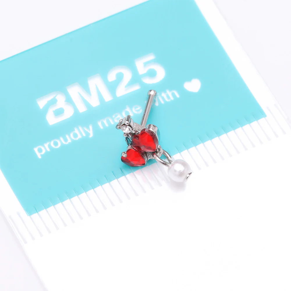Sparkle Cherry Heart Pearlescent Dangle Nose Stud Ring - Image 5