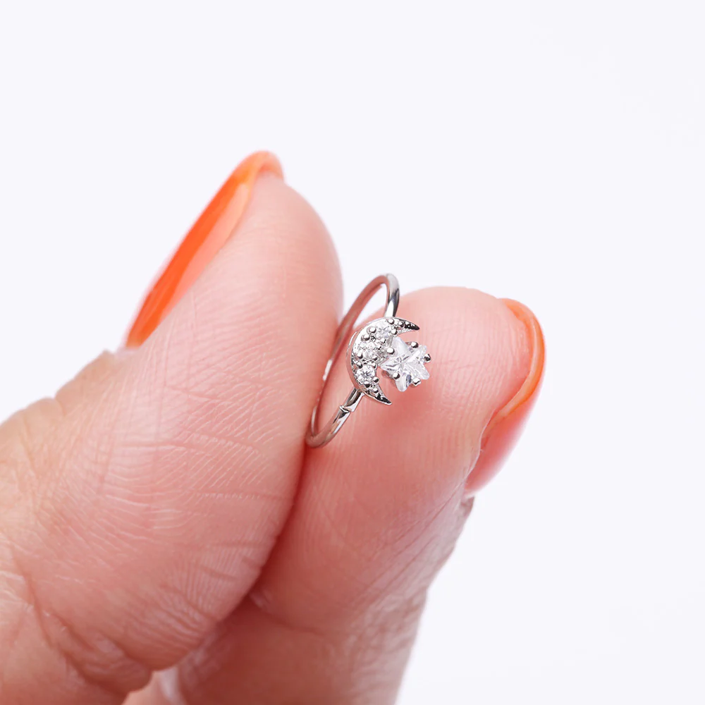 Sparkle Crescent Moon and Star Bendable Hoop Ring - Image 3