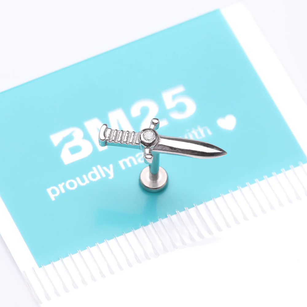 Sparkle Dagger Sword Internally Threaded Steel Flat Back Stud Labret - Image 4