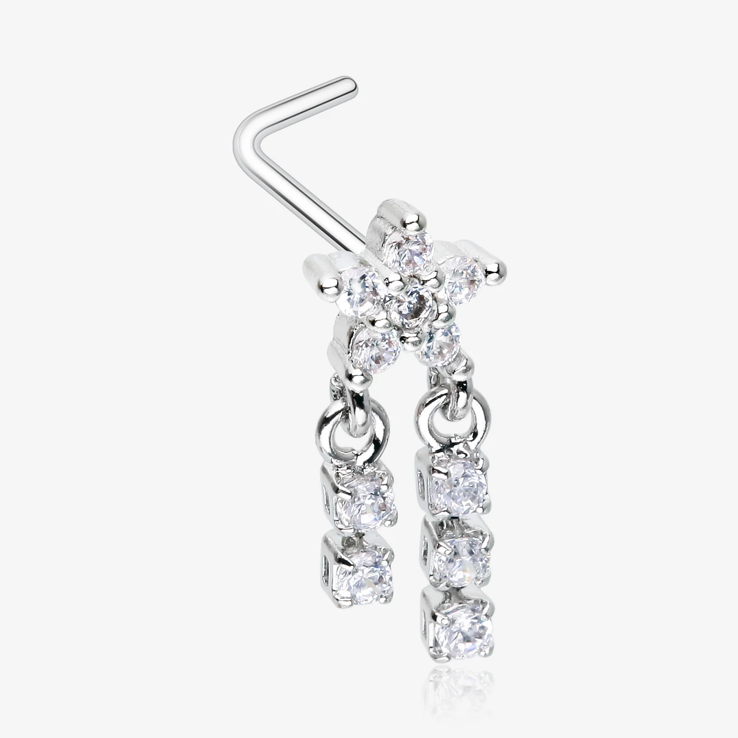 Sparkle Flower Dangle Gem Drop L-Shaped Nose Ring
